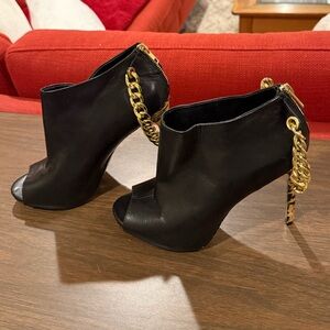 Black Peep-Toe Chain-Accent Women's Booties